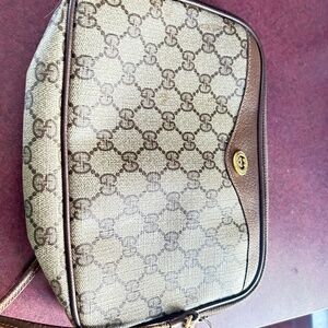 Gucci Brown & Beige Coated Canvas Crossbody Bag w/ Zip Top
